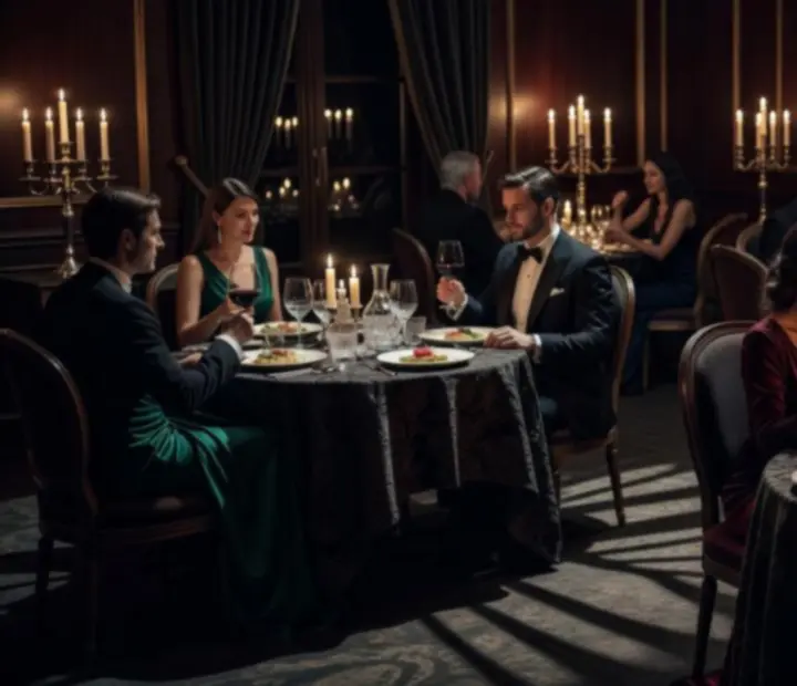 Noční atmosféra restaurace Czech Royale se svíčkami, sklenkami vína a hosty užívajícími si večerní zážitek.
