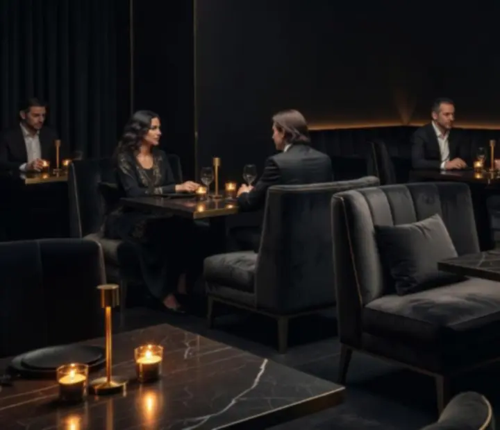 Večerní pohled na elegantní restauraci s tlumeným osvětlením a luxusním prostřením stolů.
